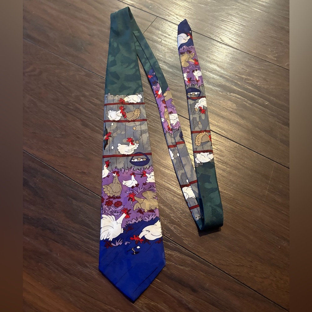 Novelty necktie featuring a "Hen Pecked Rooster" chicken pattern, Made in Canada